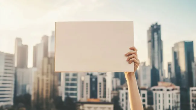 Leeres Schild vor Stadtkulisse - Ideal für Geschäftswerbung
