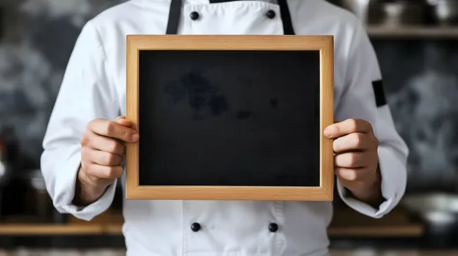 Leeres schwarzes Schild in Holzrahmen vom Chefkoch präsentiert