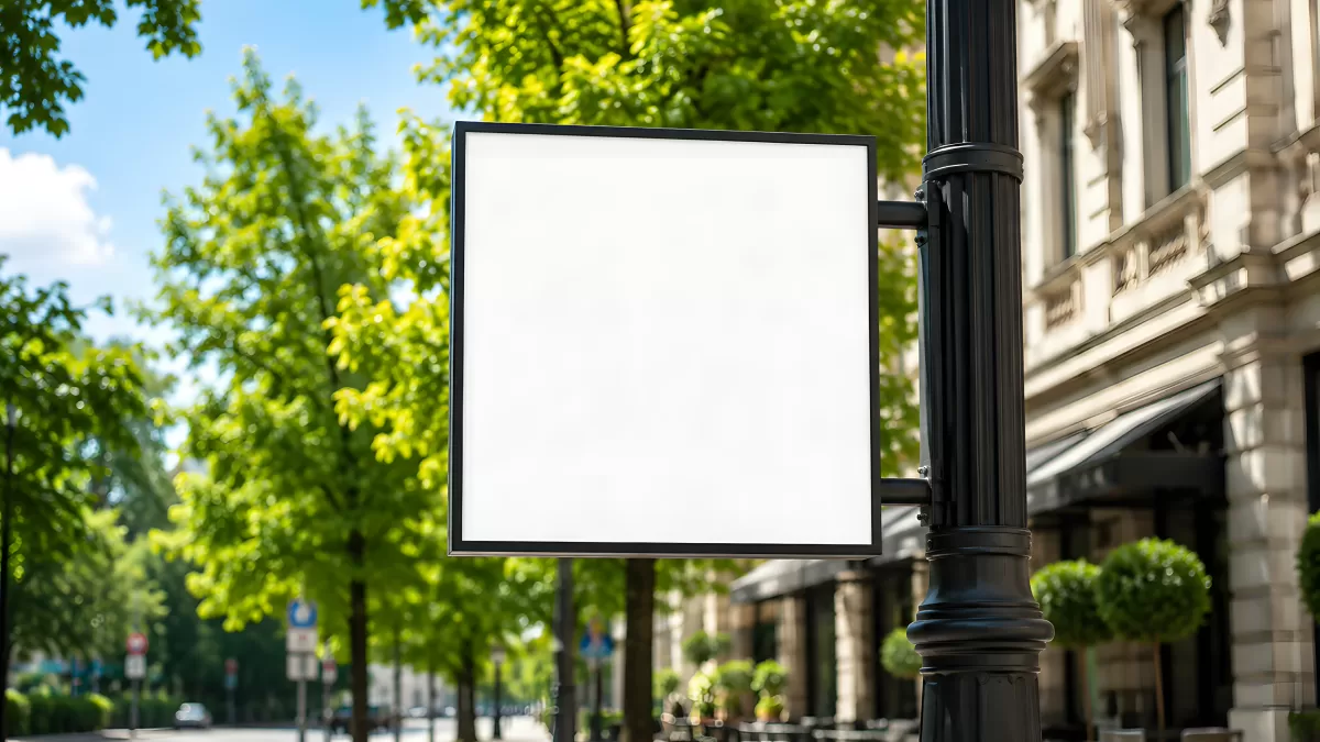 Leeres Straßenschild an schwarzem Laternenpfahl