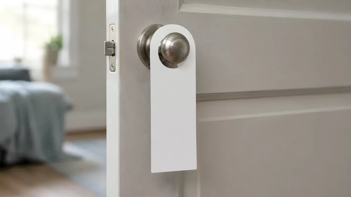 Leeres Türschild hängt an silbernem Türknauf