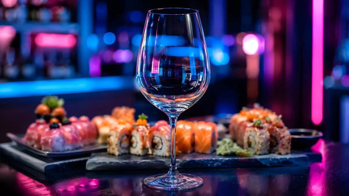 Leeres Weinglas vor buntem Sushi-Teller im Club