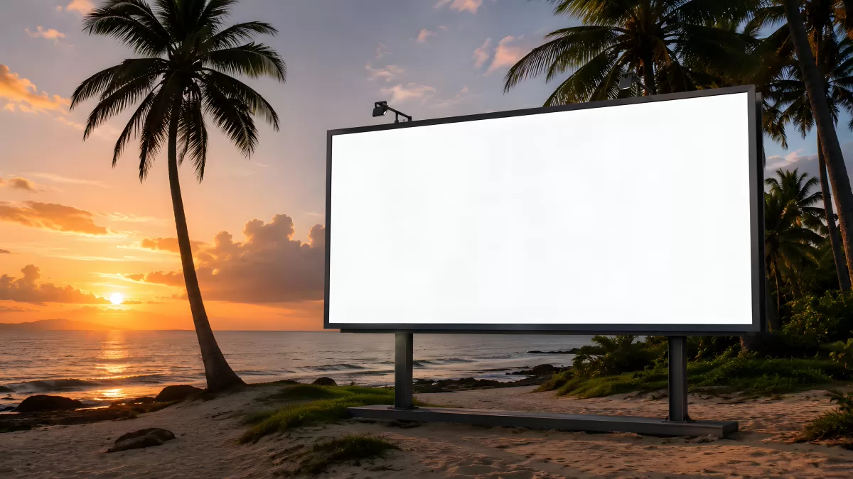 Leeres Werbebanner am Strand beim Sonnenuntergang
