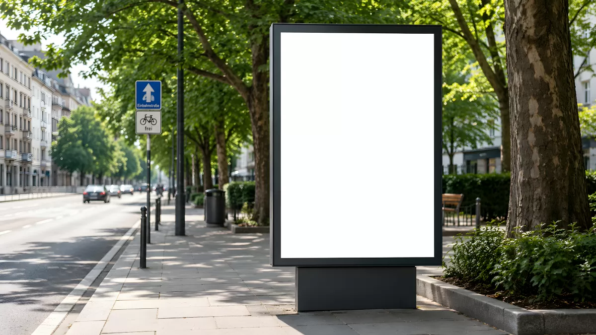 Leeres Werbeplakat auf belebtem Stadtboulevard
