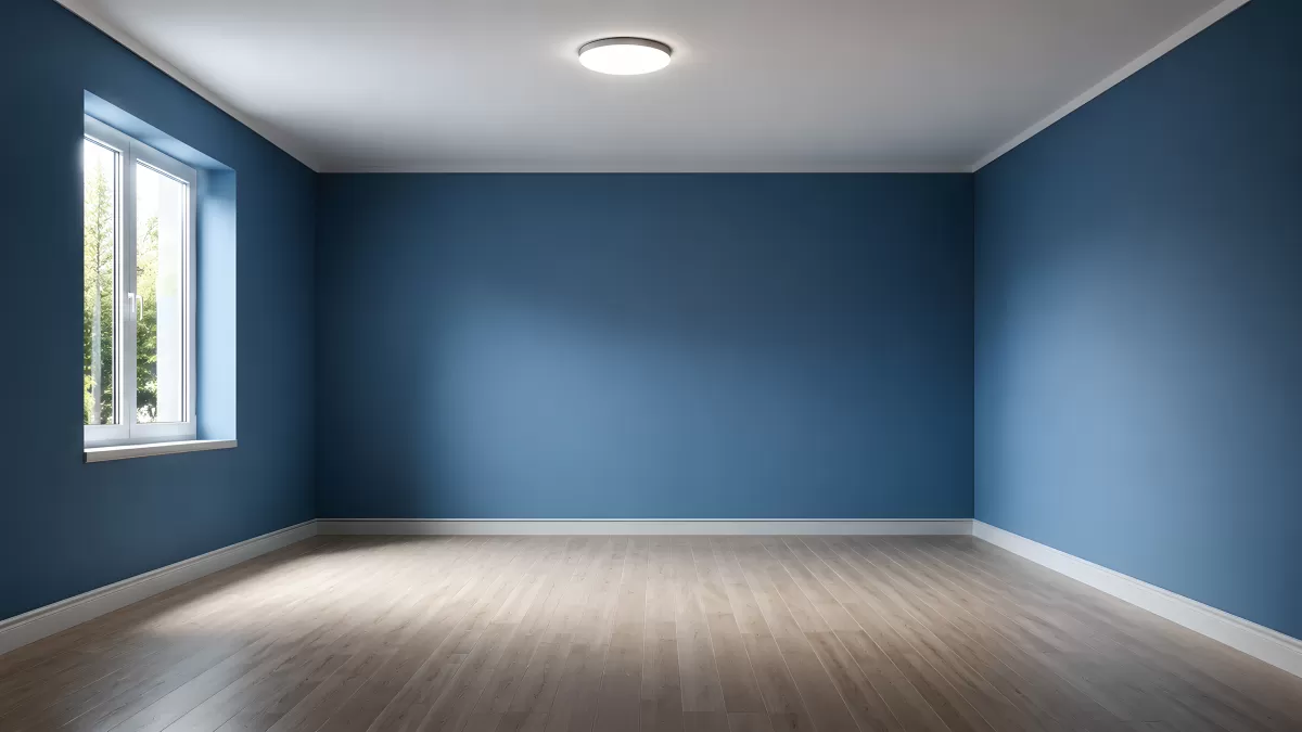 Leeres Zimmer mit blauen Wänden und Holzboden