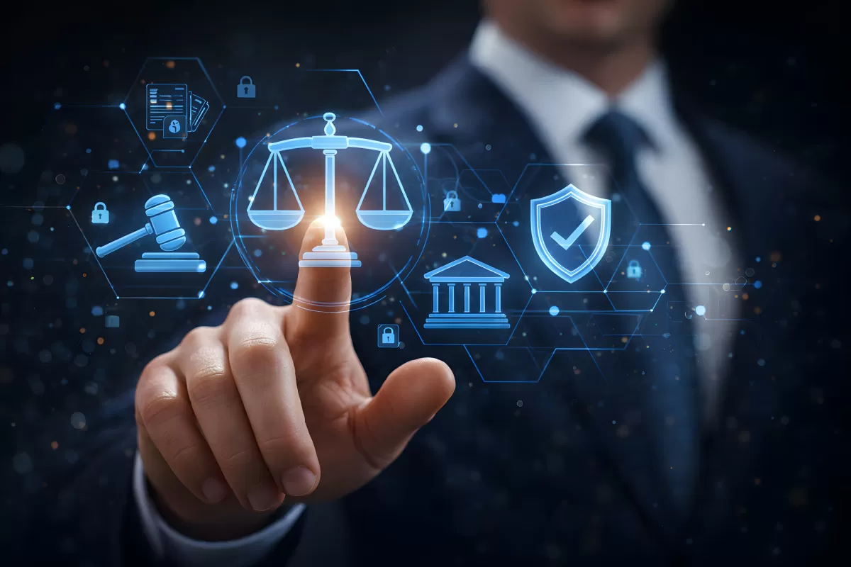 Legal Tech: Digitale Rechtssystem-Symbole und Geschäftsmann