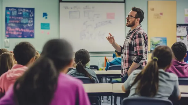Lehrer erklärt neuen Lernstoff in Klassenzimmer