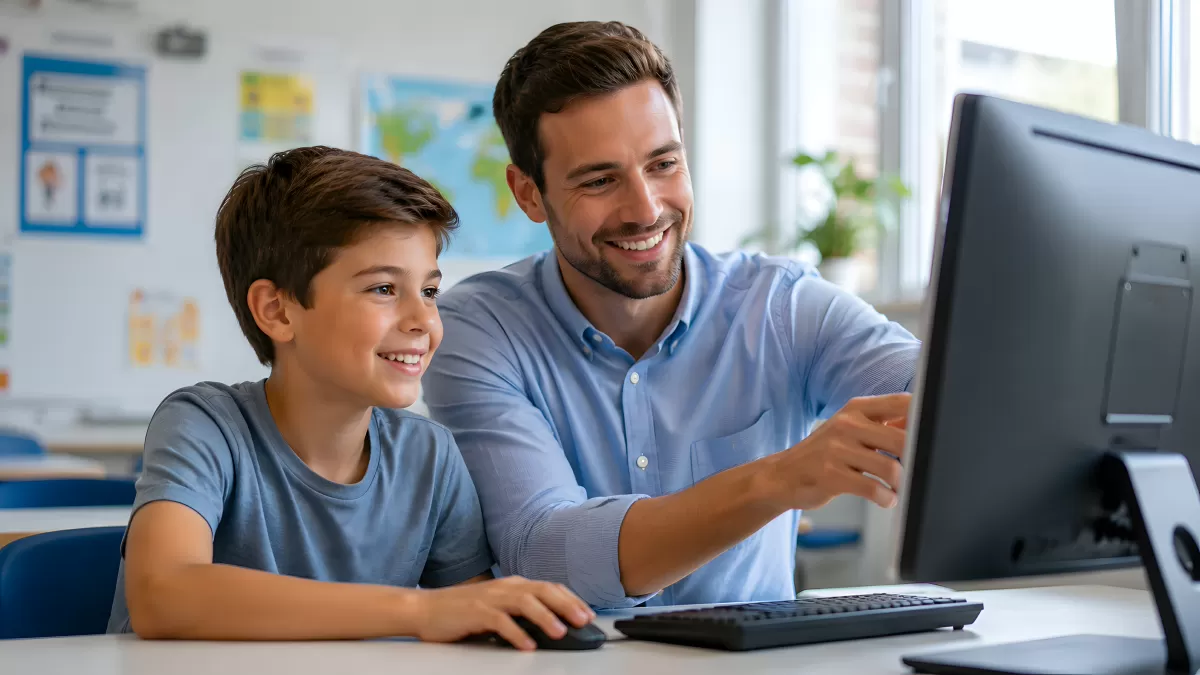 Lehrer erklärt Schüler etwas am Computer im Unterricht
