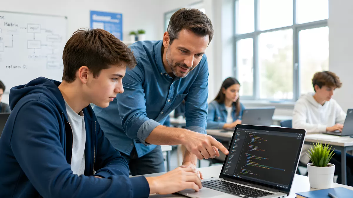 Lehrer erklärt Schüler Programmiercode am Laptop