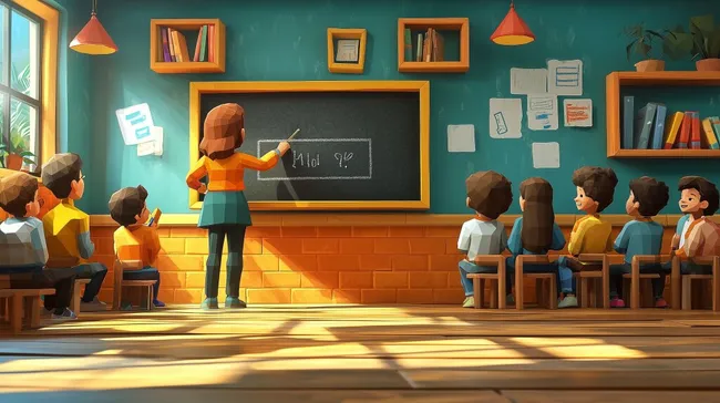 Lehrer erklärt Schülern in buntem Klassenzimmer