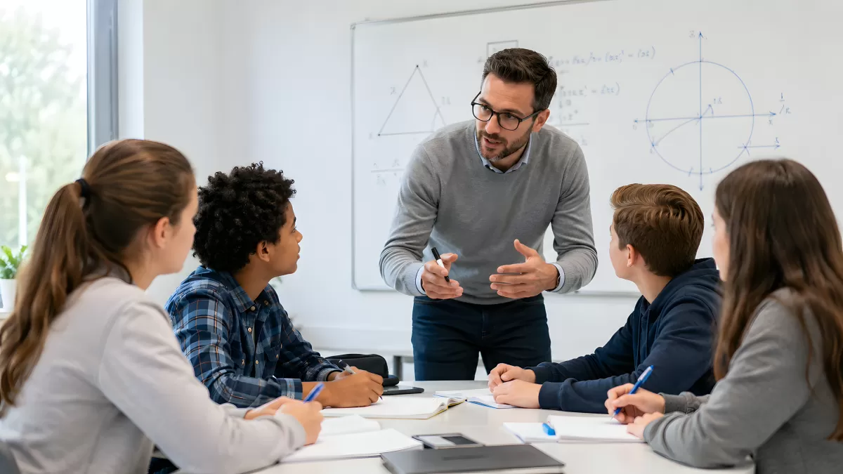 Lehrer erklärt Schülern Mathematik am Whiteboard