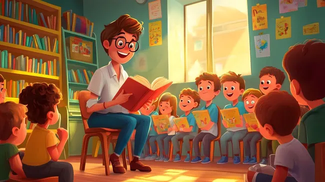 Lehrer liest Kindern in der Bibliothek vor