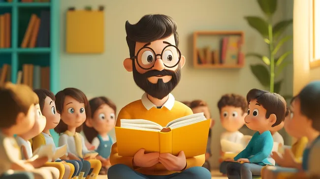 Lehrer liest Schülern im Klassenzimmer eine Geschichte vor