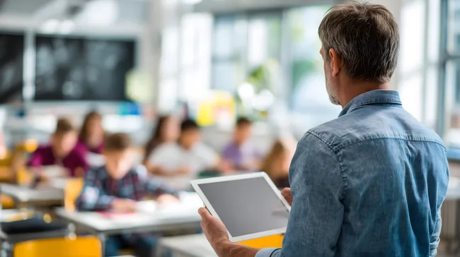 Lehrer mit Tablet unterrichtet Schüler im Klassenzimmer