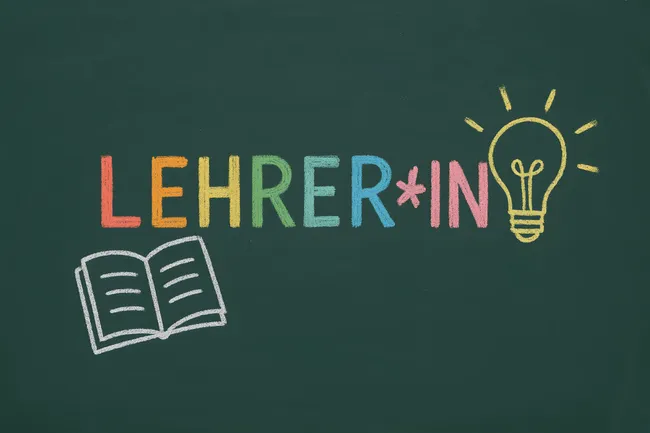 Lehrerbild mit Kreide und Glühbirne auf Tafel