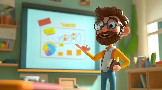 Lehrerfigur erklärt Lektion am Whiteboard im Klassenzimmer