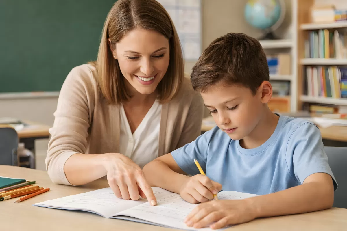 Lehrerin erklärt Grundschüler eine Aufgabe im Unterricht