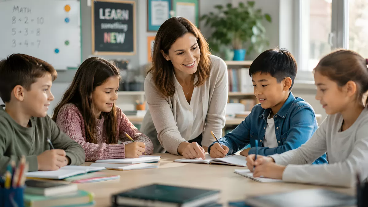 Lehrerin erklärt Grundschülern Aufgaben am Tisch