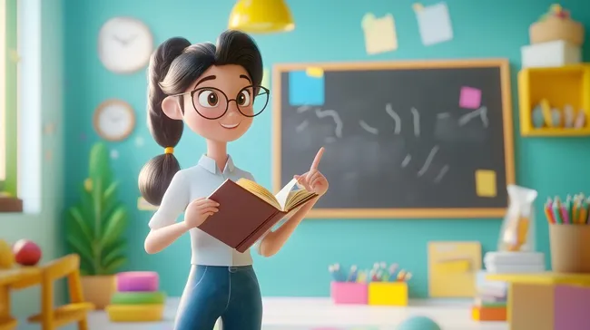 Lehrerin erklärt Konzepte in buntem Klassenzimmer