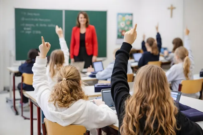 Lehrerin erklärt Schülerklasse im Klassenzimmer
