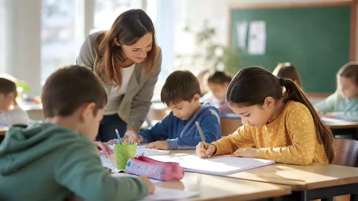 Lehrerin hilft Grundschülern beim Schreiben im Unterricht