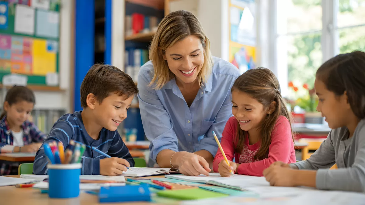 Lehrerin hilft Grundschulkindern beim Lernen im Klassenraum