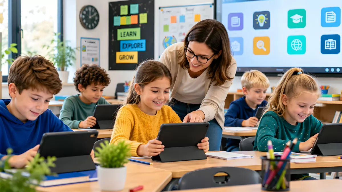 Lehrerin hilft Schülerin mit Tablet im Klassenzimmer