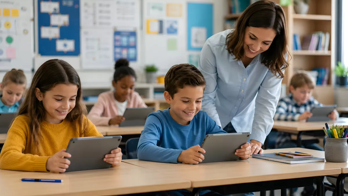 Lehrerin hilft Schülern beim Lernen mit Tablets