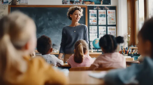 Lehrerin im Klassenzimmer vor Schülern