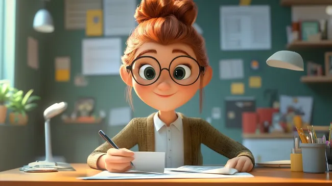 Lehrerin korrigiert Arbeiten am Schreibtisch