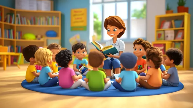 Lehrerin liest Kindergruppe eine Geschichte vor