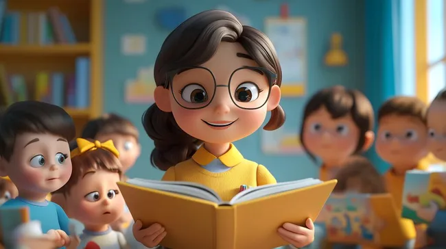 Lehrerin liest Schülern im Klassenzimmer vor