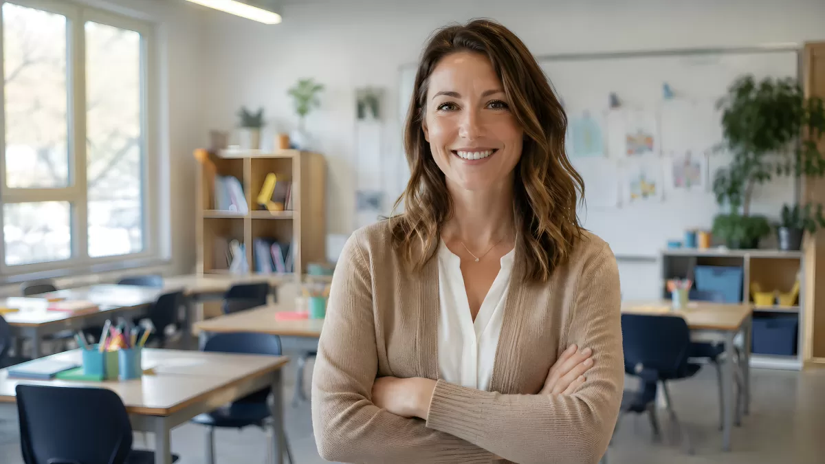 Lehrerin steht lächelnd in einem modernen Klassenzimmer