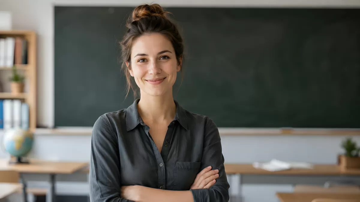 Lehrerin steht selbstbewusst vor einer Schultafel