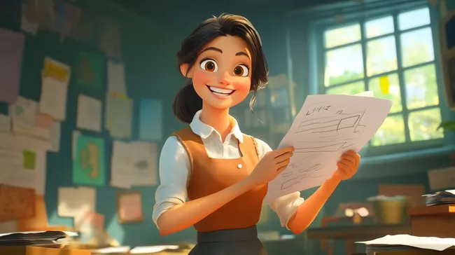 Lehrerin teilt freundlich Schulaufgaben aus