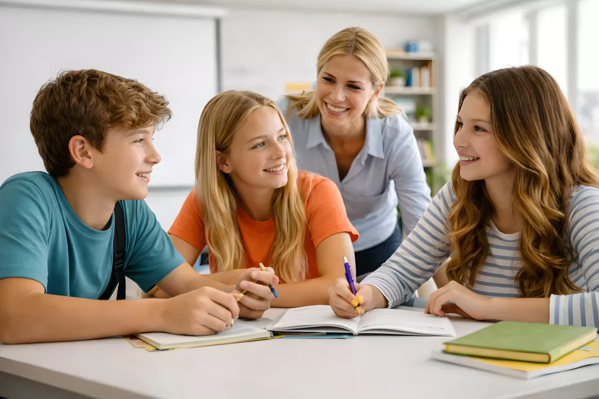 Lehrerin und Schüler erarbeiten gemeinsam Unterrichtsmaterial