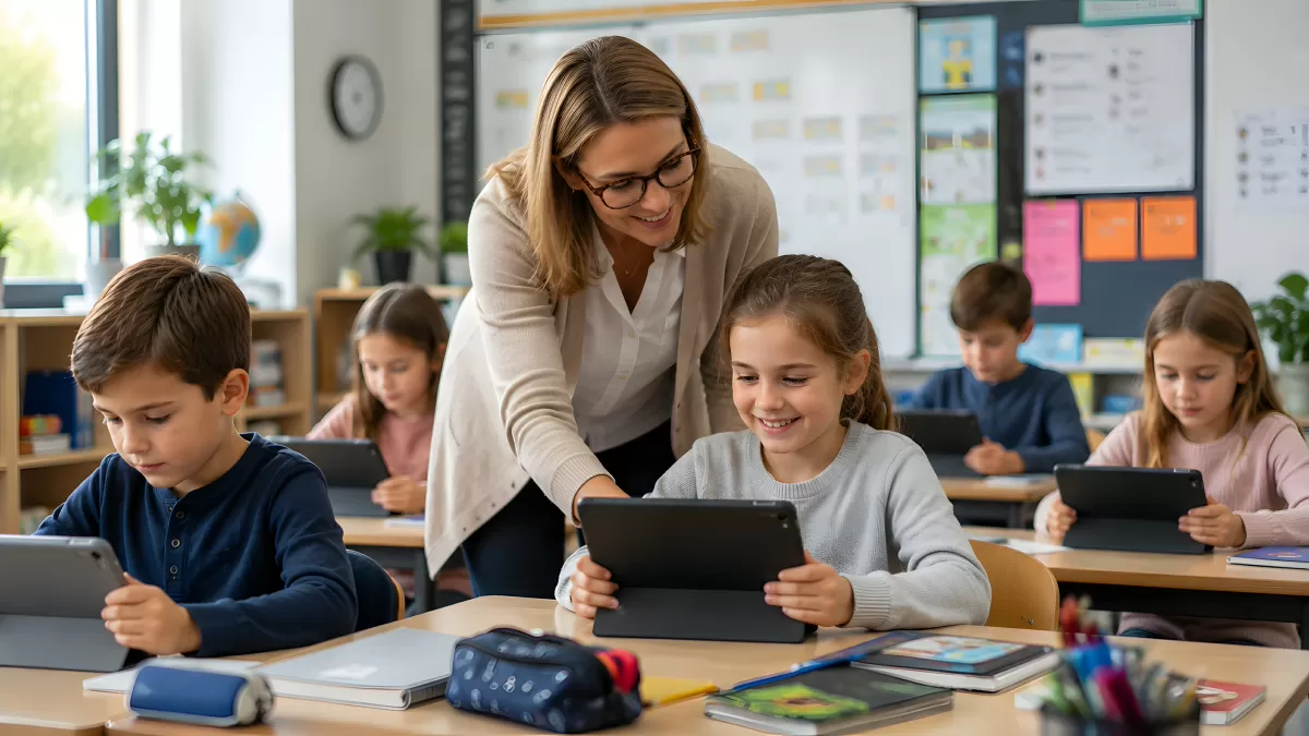 Lehrerin unterstützt Schülerin mit Tablet im Unterricht
