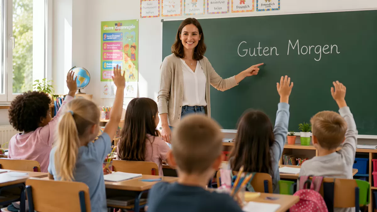 Lehrerin zeigt Guten Morgen auf Tafel im Klassenzimmer