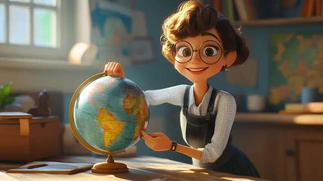 Lehrerin zeigt Schülern den Globus in Klassenzimmer