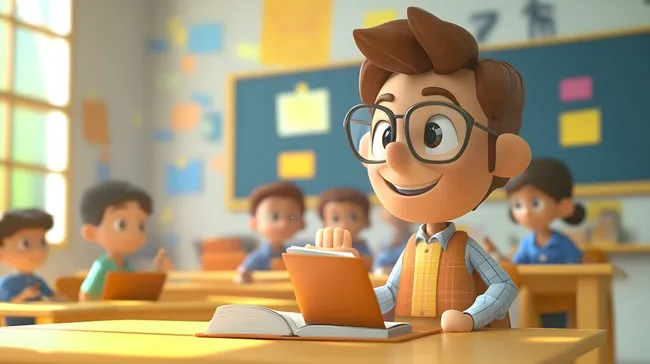 Lehrerkarikaturfigur mit Lehrbuch vor Schülern im Klassenzimmer