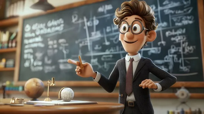 Lehrervortrag mit Tafelbild in Cartoon-Ästhetik