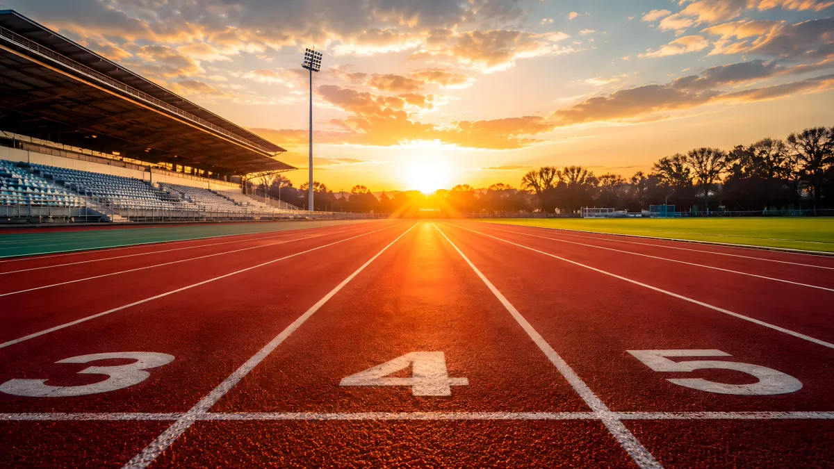 Leichtathletikbahn bei Sonnenuntergang mit Stadion — Bild kostenlos herunterladen