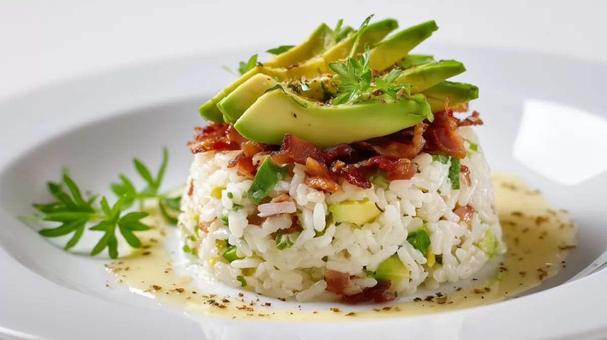 Leichter Avocado Reis Salat mit Speck serviert