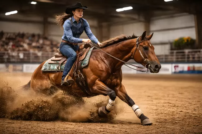Leidenschaftliche Reiterfrau bei rasanter Rodeovorfuehrung
