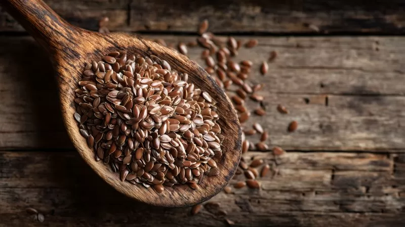Leinsamen auf Holzlöffel auf rustikalem Holzhintergrund