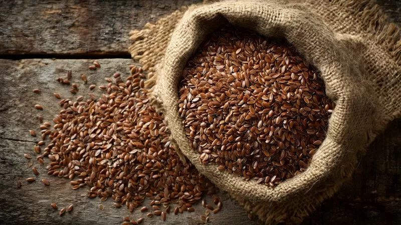 Leinsamen in Jutesack auf rustikalem Holztisch