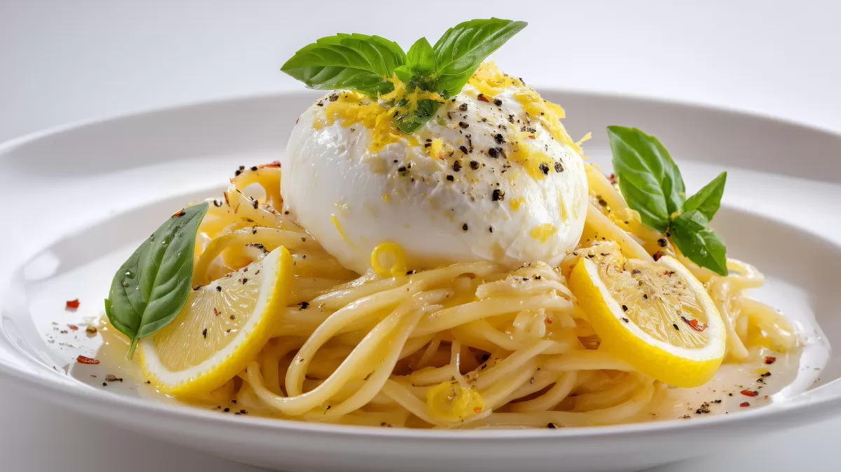 Lemon Pepper Pasta mit Burrata und Basilikum