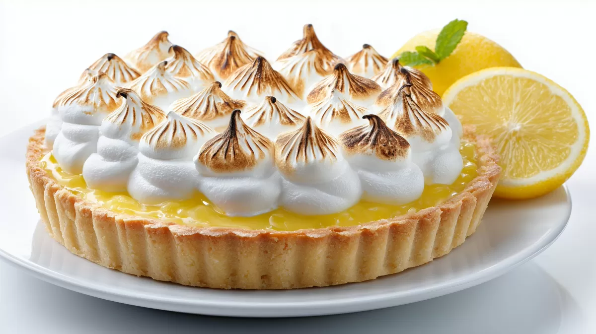 Lemon Tart mit Baiser auf weißem Teller