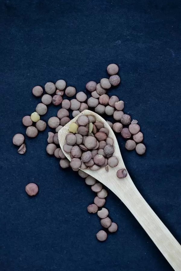 Lens in wooden spoon on dark background