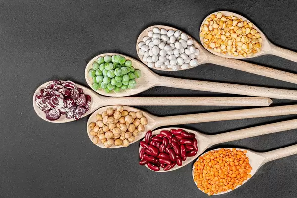 Lentils, chickpeas, peas and beans of different colors in wooden spoons on a black background. Top view (Flip 2019)