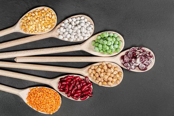Lentils, chickpeas, peas and beans of different colors in wooden spoons on a black background. Top view